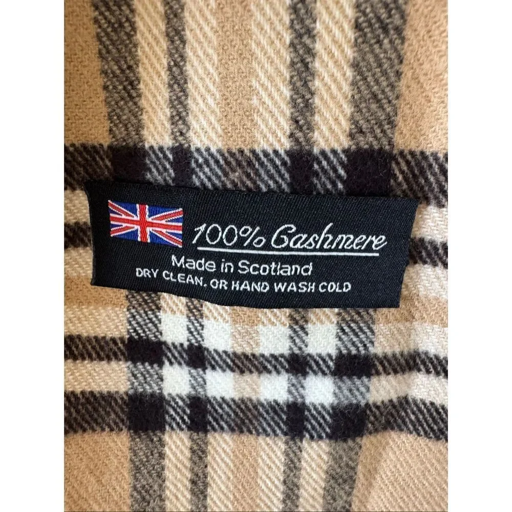 Cashmere Plaid Beige Black SoftLightweight  Fringed Made in Scotland Scarf